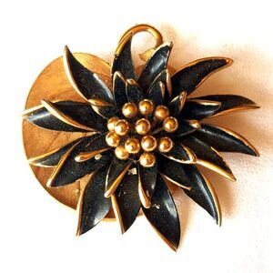 MARVELLA SIGNED FLOWER APPLE FIGURAL VNTG BROOCH GOLD TN BLACK ENAMEL 2.25" rare